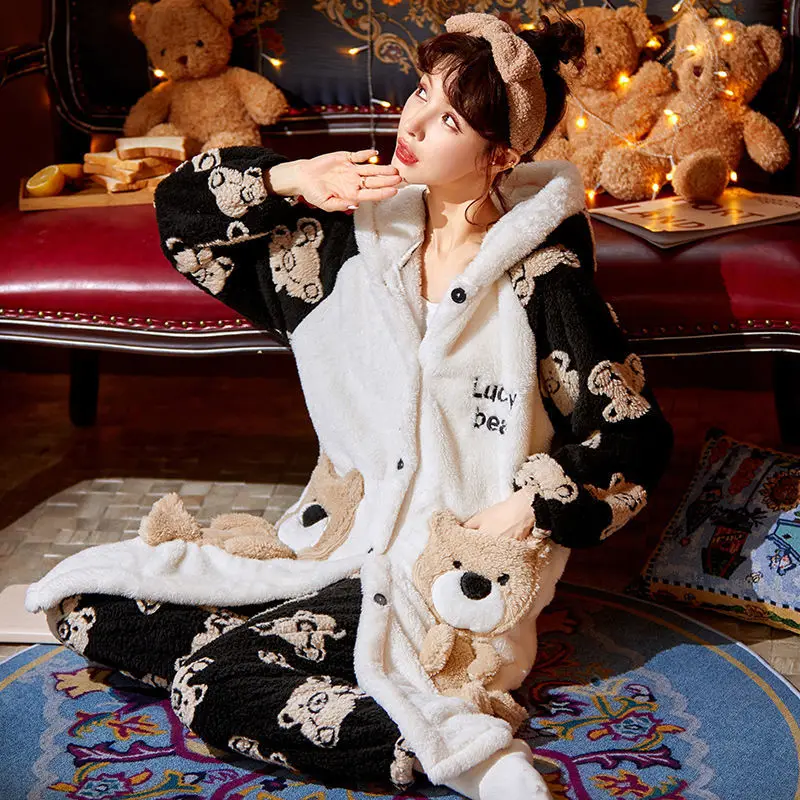 New Flannel Pijamas Suit Lady Cartoon Sleepwear Bear Pocket Nightwear Set Thicken Pajamas For Women Pyjama Warm Winter Homewear
New Flannel Pijamas Suit Lady Cartoon Sleepwear Bear Pocket Nightwear Set Thicken Pajamas For Women Pyjama Warm Winter Homewear