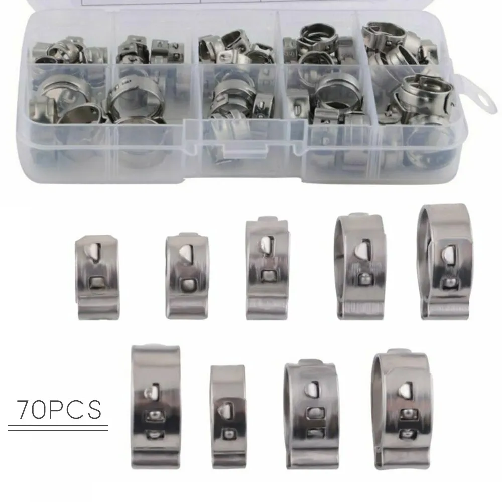 70Pcs Stainless Steel 304 Single Ear Hose Clamps Assortment Kit Single Crimp Pinch Hose Clamp Fitting Multi-Size Grip Clamp
70Pcs Stainless Steel 304 Single Ear Hose Clamps Assortment Kit Single Crimp Pinch Hose Clamp Fitting Multi-Size Grip Clamp
