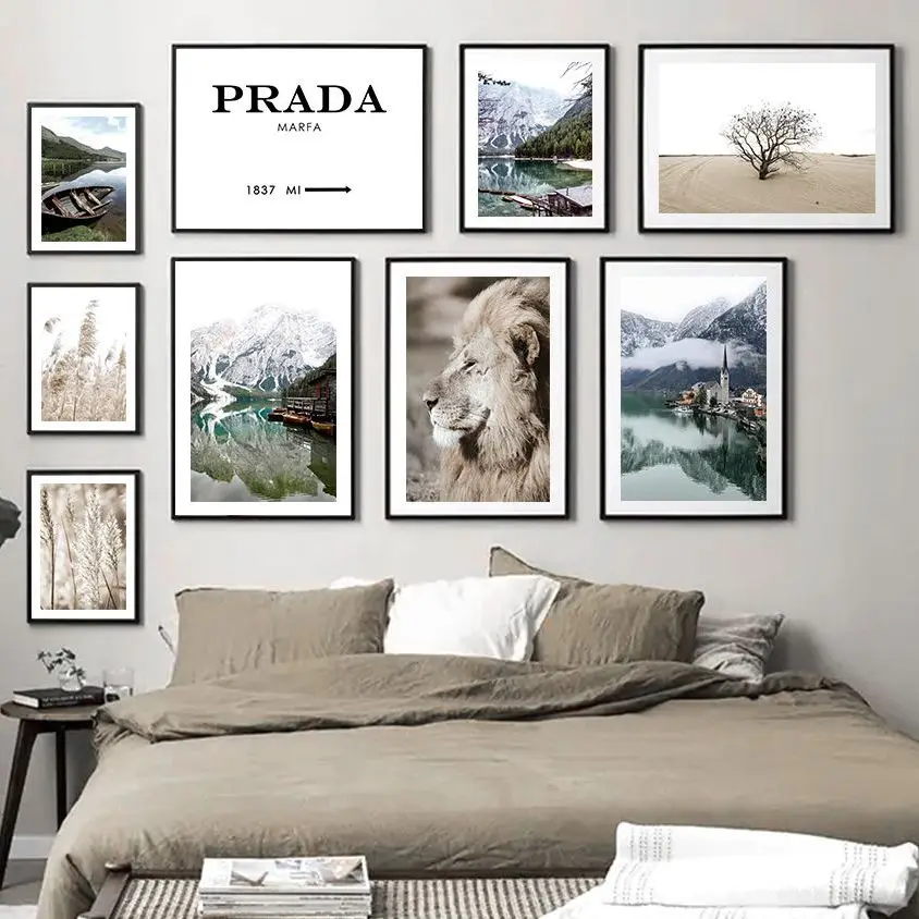 

Desert Tree Mountain Forest Lake Lion Reed Wall Art Canvas Painting Nordic Posters And Prints For Living Room DecorWall Picture