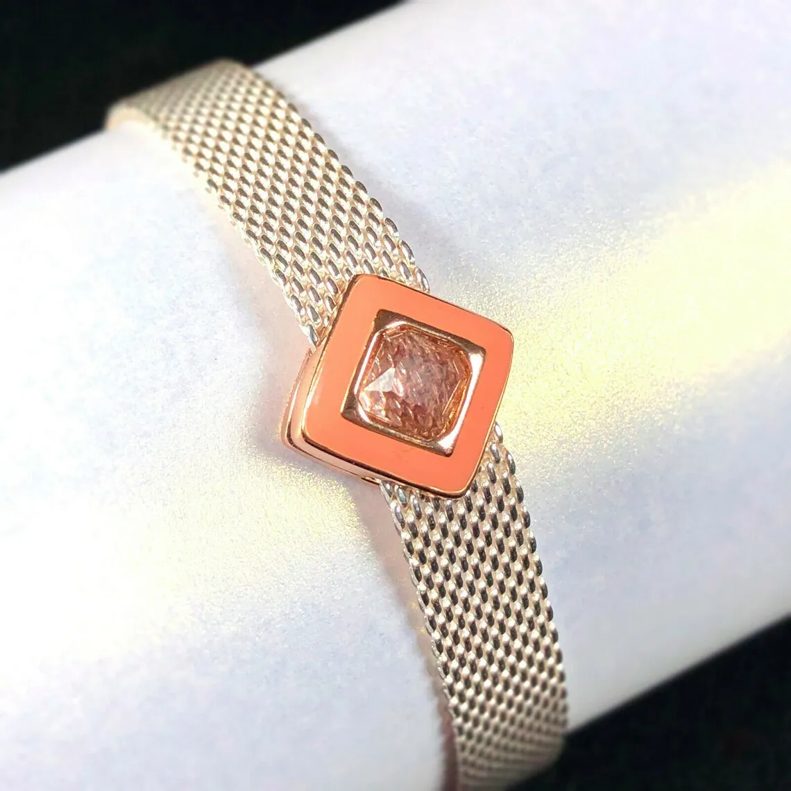

925 Sterling Silver Rose Gold Reflexions Pink Enamel Square Clip Charm Bead Fits European Pandora Reflexions Bracelets Only