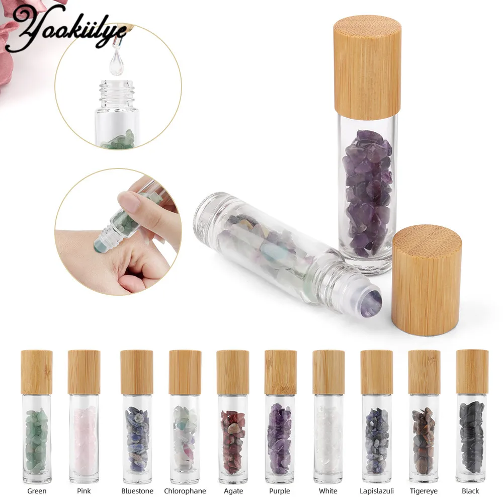 

1pc 10ml Natural Gemstone Jade Roller Bottle Bamboo Grain Lid Refillable Essential Oil Bottle Empty Glass Bottle with Jade Stone