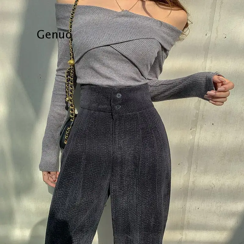 Fashion Women Corduroy Long Pant High Waist Double Button Loose Female Straight Leg Trousers Casual Pantalon Femme 2021 
Fashion Women Corduroy Long Pant High Waist Double Button Loose Female Straight Leg Trousers Casual Pantalon Femme 2021