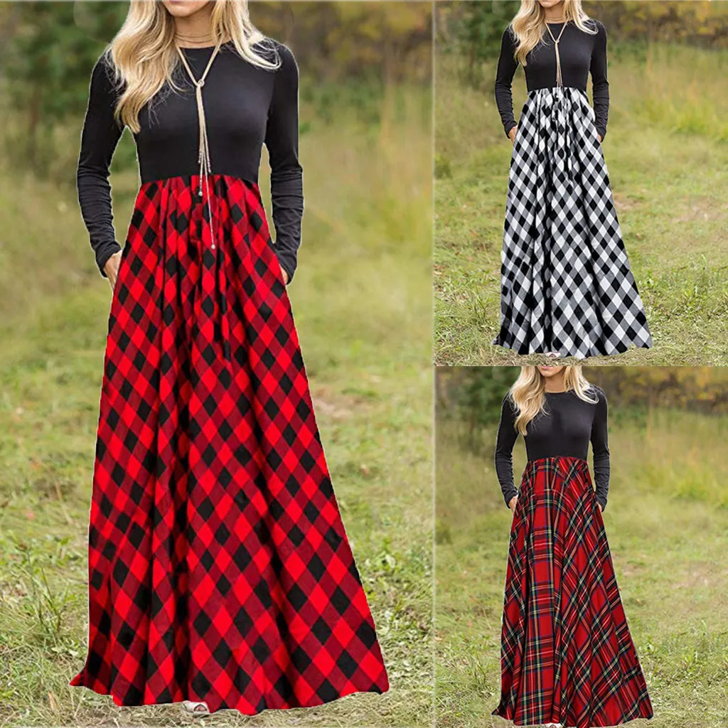 Ladies Dress Long Sleeve Pocket Plaid High Waist Long Dress Pocket Explosion-size Plus Size Plaid Dress 40* 
Ladies Dress Long Sleeve Pocket Plaid High Waist Long Dress Pocket Explosion-size Plus Size Plaid Dress 40*