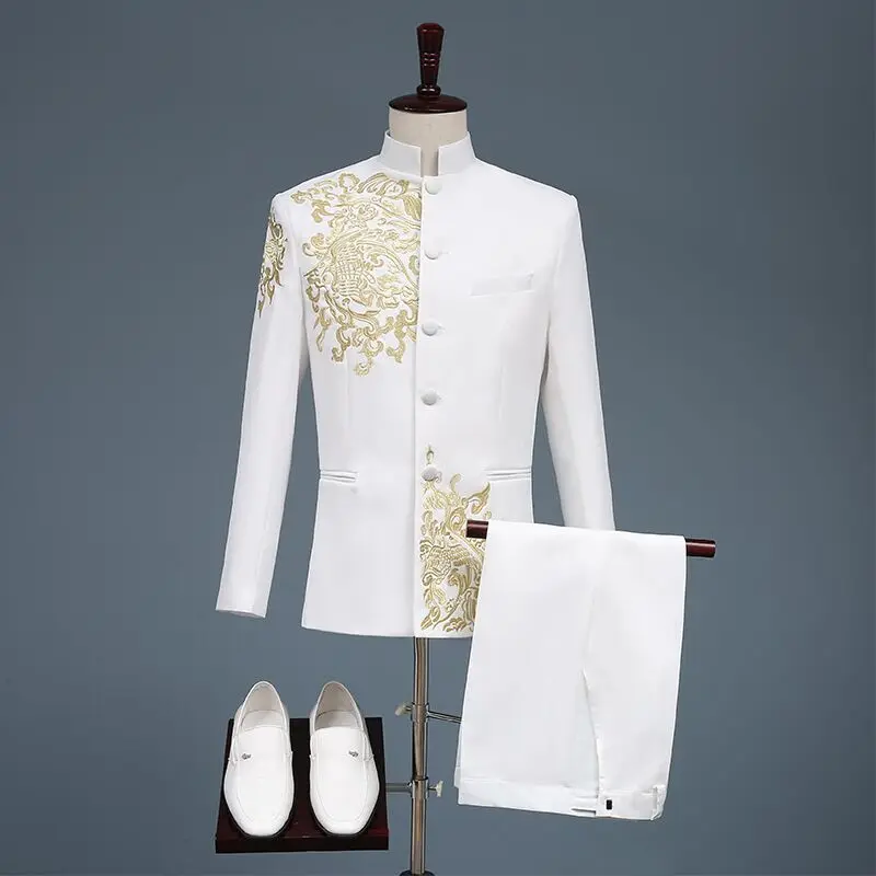 Men Stylish Embroidery black Red White Blue Gold Floral Pattern 2 Sets Suits Stage Singer Wedding Groom Jacket Pants 2 pieces
Men Stylish Embroidery black Red White Blue Gold Floral Pattern 2 Sets Suits Stage Singer Wedding Groom Jacket Pants 2 pieces