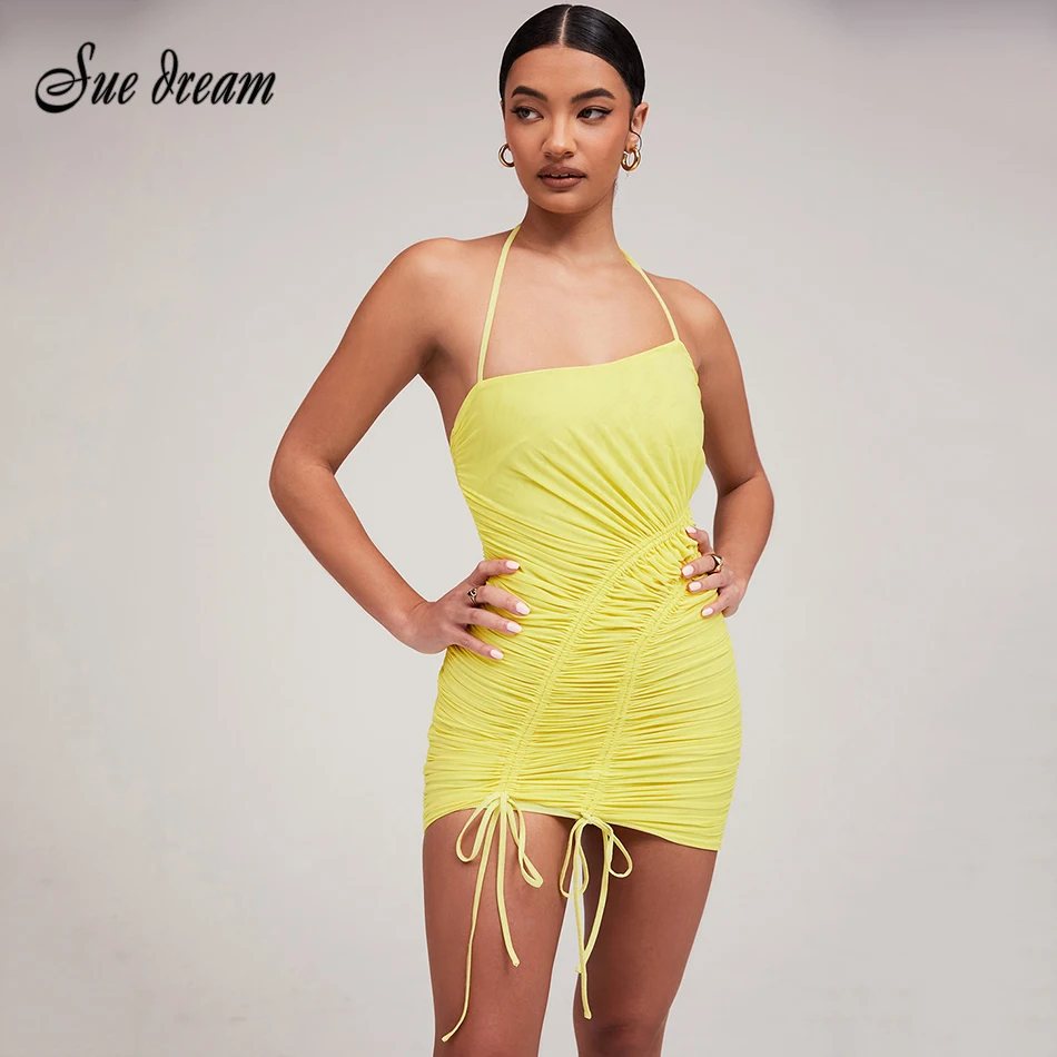 2021 New Summer Women's Sexy Halter Drawstring Pleated Bodycon Mini Dress Fashion Solid Color Club Party Dress
2021 New Summer Women's Sexy Halter Drawstring Pleated Bodycon Mini Dress Fashion Solid Color Club Party Dress