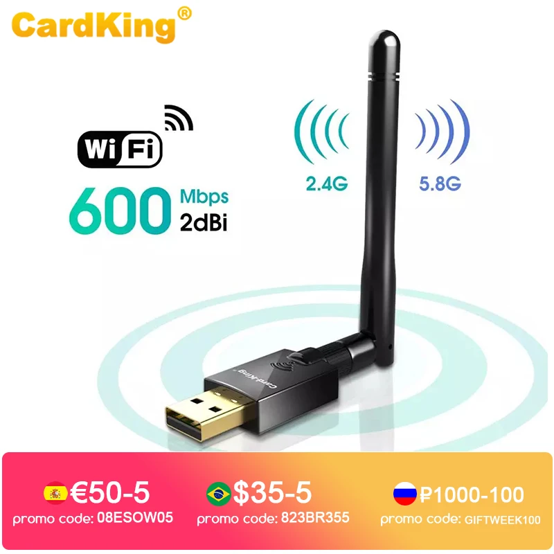 CardKing USB WiFi Adapter 600Mbps Dual Band 2.4G/5Ghz Wireless Network Card 802.11.ac external 2dBi Antenna For Desktop Laptop
CardKing USB WiFi Adapter 600Mbps Dual Band 2.4G/5Ghz Wireless Network Card 802.11.ac external 2dBi Antenna For Desktop Laptop