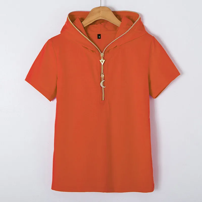 Summer Tops New Style Hooded Zipper Solid Color Korean-style Versitile Fashion Slim Femme Tee Shirt Short Sleeved Shirt Blue
Summer Tops New Style Hooded Zipper Solid Color Korean-style Versitile Fashion Slim Femme Tee Shirt Short Sleeved Shirt Blue