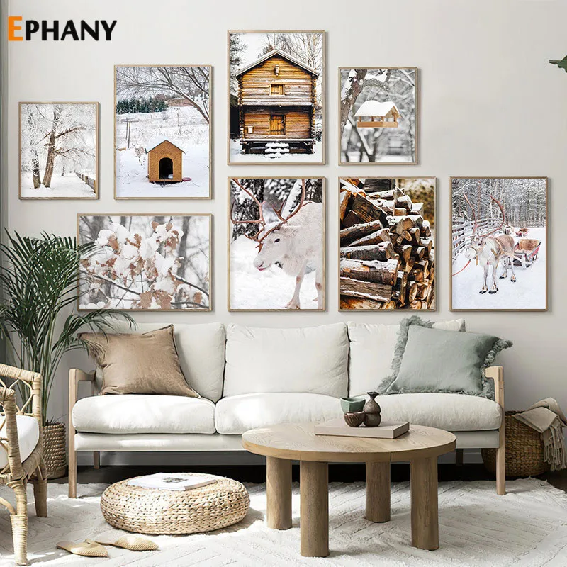Nordic Winter Snow Landscape Canvas Painting Wood Pile Posters and Prints Reindeer White Birch Road Wall Picture for Living Room
Nordic Winter Snow Landscape Canvas Painting Wood Pile Posters and Prints Reindeer White Birch Road Wall Picture for Living Room