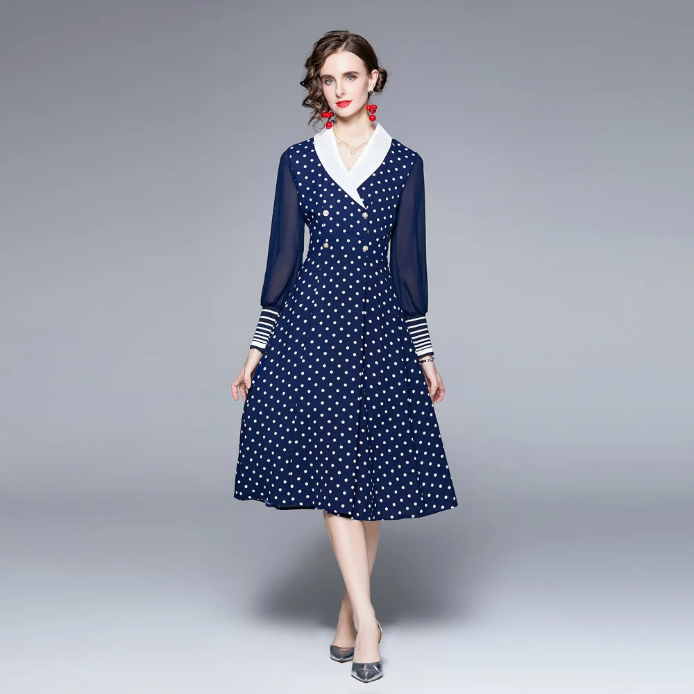 2021 Autumn Spring New Lxury Design Hepburn Style Vintage Polka Dot Dress Office Lady Blue Chiffon A-line Slim Long Sleeve Dress
2021 Autumn Spring New Lxury Design Hepburn Style Vintage Polka Dot Dress Office Lady Blue Chiffon A-line Slim Long Sleeve Dress