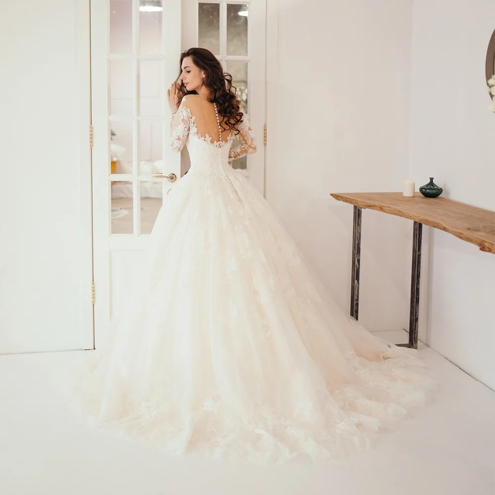 Classic Long Sleeves Wedding Dresses Sheer Neck Ball Gown Lace Bridal Gown Vestido de Novia Sweep Train Bride Dress
Classic Long Sleeves Wedding Dresses Sheer Neck Ball Gown Lace Bridal Gown Vestido de Novia Sweep Train Bride Dress