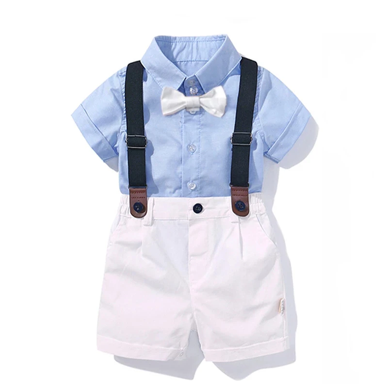 

Одежда для маленьких мальчиков рубашка с бантом на день рождения, комплект торжественный костюм для девочки летняя одежда для новорожденных Короткие небесно-голубого цвета, топ + белые штаны с подтяжками; Комплект одежды от 1 до 4 лет