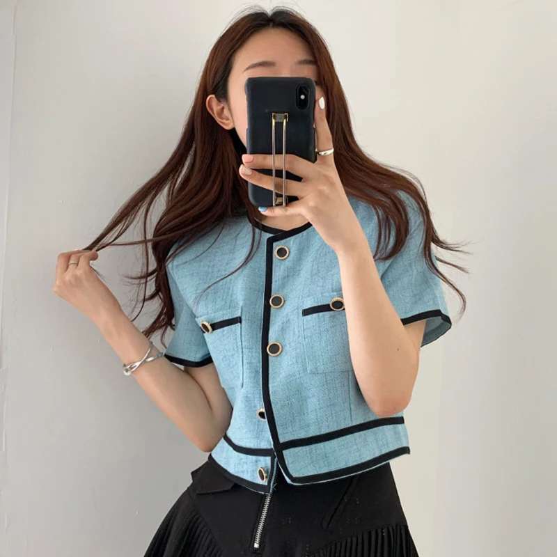 Women Jacket Chic New Arrival Office Lady Korean Clothes O-neck Single Breasted Coat Contrast Color Thin Short Tops
Women Jacket Chic New Arrival Office Lady Korean Clothes O-neck Single Breasted Coat Contrast Color Thin Short Tops