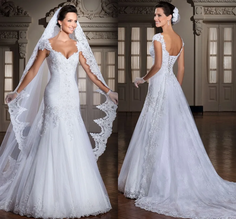 New Arrival Sheath Gorgeous Vintage Lace White Ivory Appliques Wedding Dresses 2016 Floor-Length Cap Sleeve Bridal Gowns
New Arrival Sheath Gorgeous Vintage Lace White Ivory Appliques Wedding Dresses 2016 Floor-Length Cap Sleeve Bridal Gowns