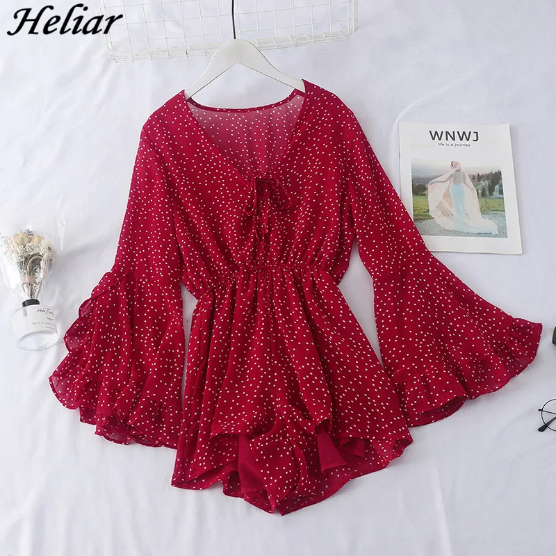 

HELIAR Women Polka Dot Playsuits Lady Rompers With Saches Womens Jumpsuit Flare Sleeve Elastic Waist Fairy Playsuit Women Autumn