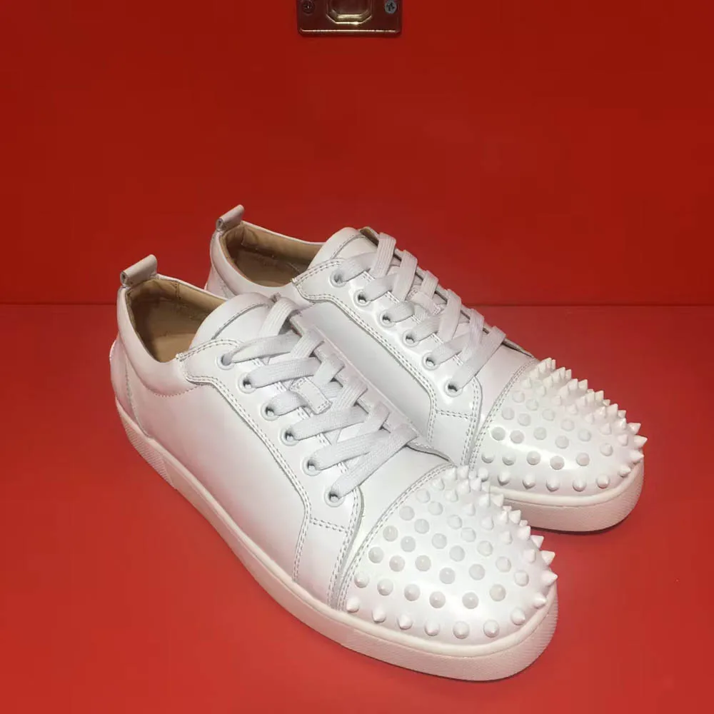 Red Bottom Ladies Solid White Genuine Leather Low Cut Spikes Loafers Casual Lace Up Sneaker Shoes For Men Rivets Toecap Flat
Red Bottom Ladies Solid White Genuine Leather Low Cut Spikes Loafers Casual Lace Up Sneaker Shoes For Men Rivets Toecap Flat