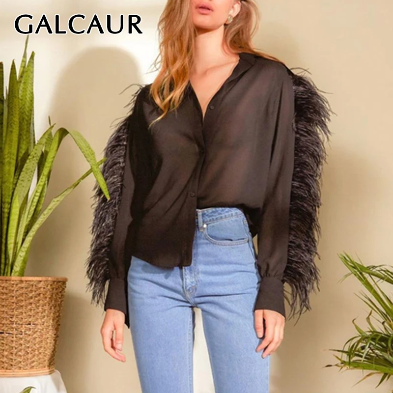 GALCAUR Black Perspective Patchwork Feather Shirt For Women Lapel Long Sleeve Elegant Blouse Female 2021 Clothing Fashion
GALCAUR Black Perspective Patchwork Feather Shirt For Women Lapel Long Sleeve Elegant Blouse Female 2021 Clothing Fashion