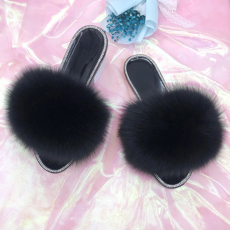 

Slippers Summer Female Sliders With Fur For Home Rhinestone Black Jelly Sandals 2021 Girl Luxury Raccoon Fur Flip-flops Beach