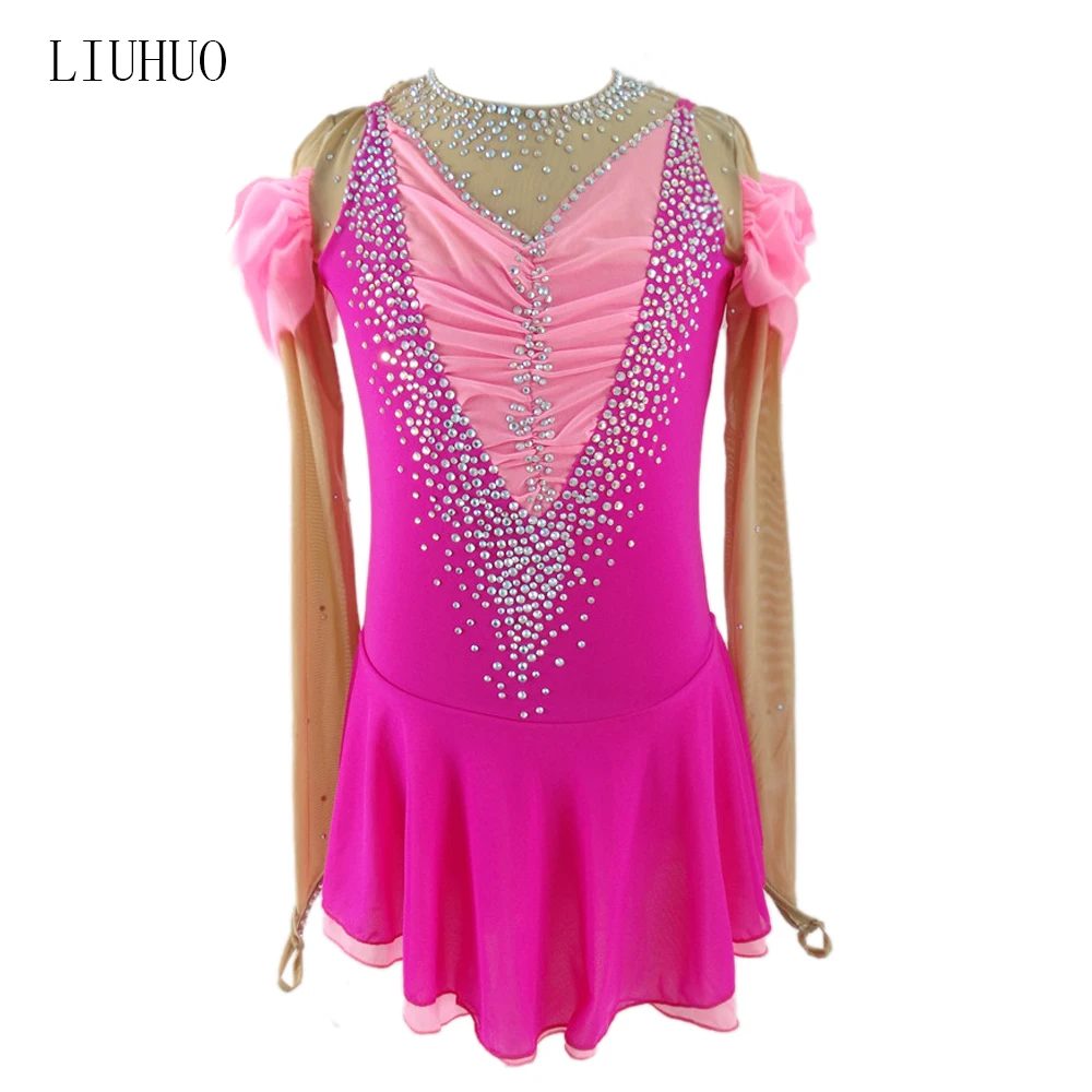 

Kids Girls Sparkly Figure Skating Dress Sleeveless Rhinestone Mesh Splice Ice Skating Roller Skating Ballet Dress