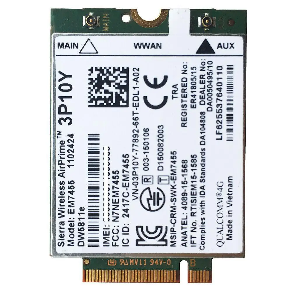 Беспроводная карта 3P1 0Y Sierra Airprime EM7455 LTE 4G WWAN для модуля Dell Q8M9
Беспроводная карта 3P1 0Y Sierra Airprime EM7455 LTE 4G WWAN для модуля Dell Q8M9