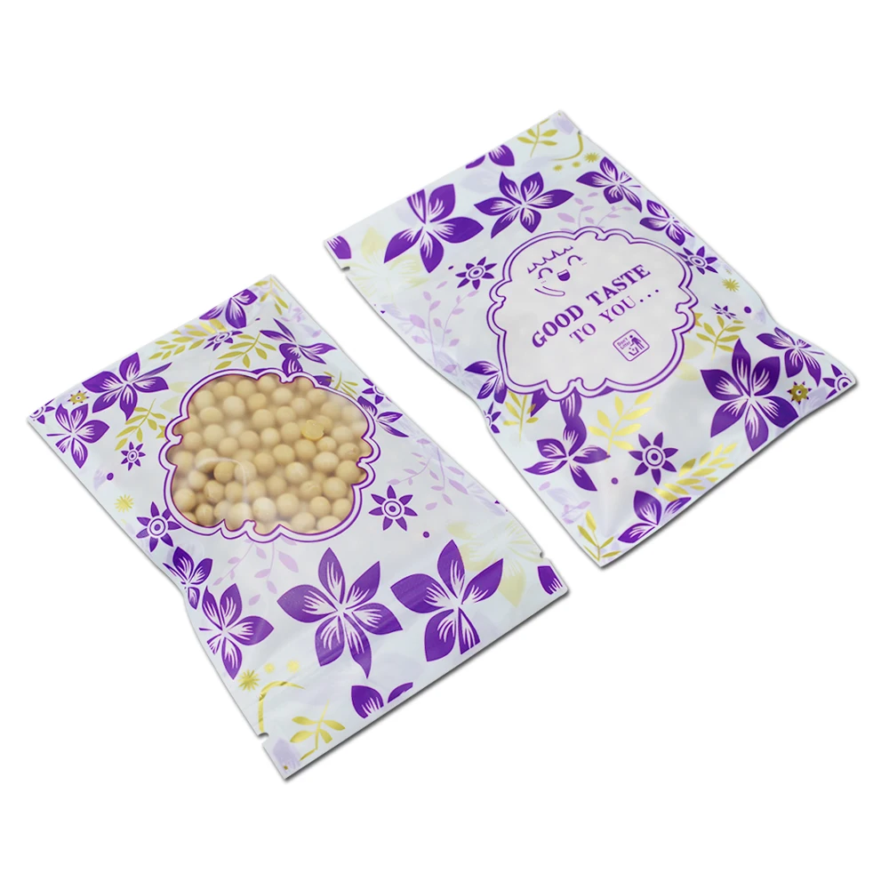 

100Pcs Plastic Zip Lock Self Seal Flat Bag Food Packing Resealable Zipper Purple With Window Poly Pouches Nuts Tea Dried Flower