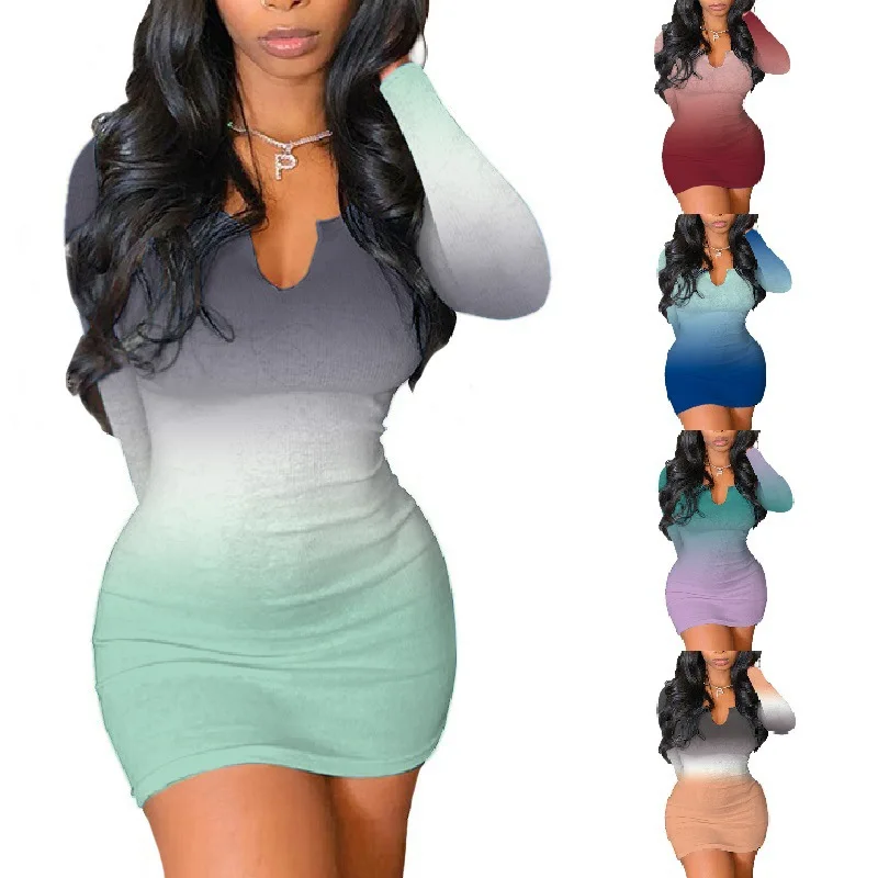 Autumn Skinny Deep Neck Clothing V Women Sexy Gradient Color Long Sleeve Dress Skirt
Autumn Skinny Deep Neck Clothing V Women Sexy Gradient Color Long Sleeve Dress Skirt