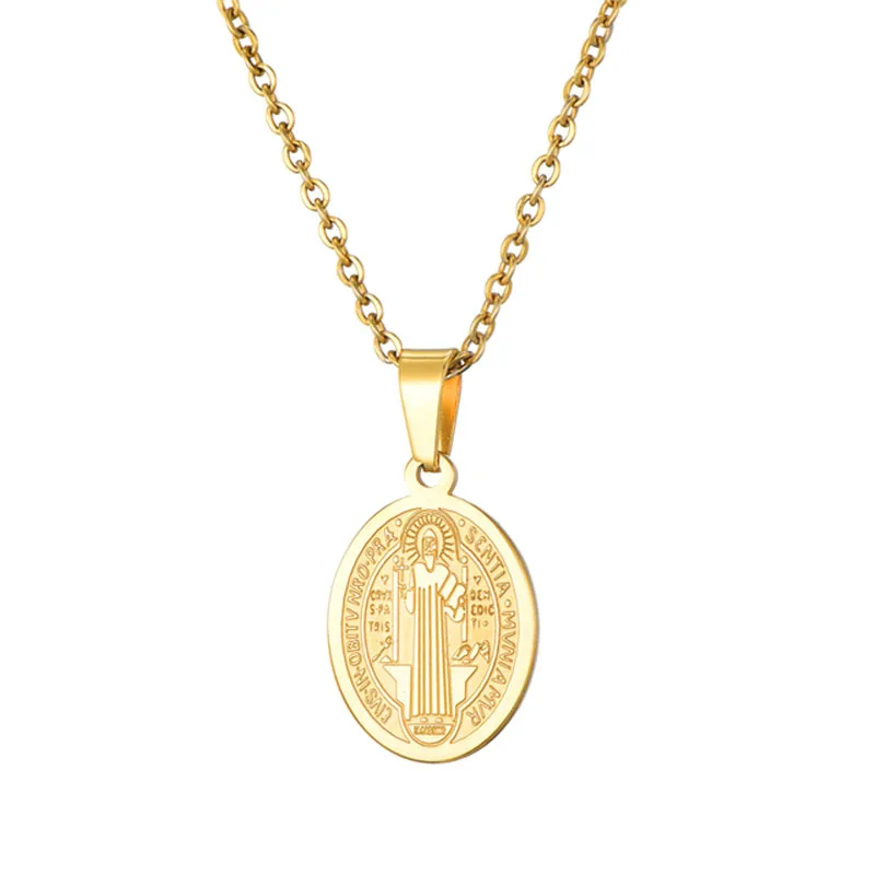 Religion Saint Benedict Medal Necklaces For Men Women Gold Color Stainless Steel San Benito Medal Pendant Necklace Long Choker
Religion Saint Benedict Medal Necklaces For Men Women Gold Color Stainless Steel San Benito Medal Pendant Necklace Long Choker