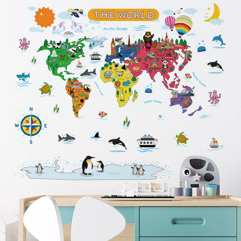 

Cartoon Animals Map Seven Continents Wall Stickers for Kids Room Bedroom Decoration Kindergarten Layout Home Office Decor