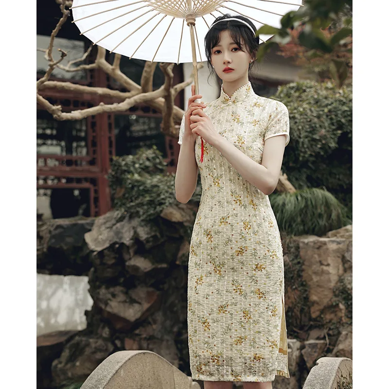 

Новинка 2021, традиционное женское винтажное элегантное шифоновое платье с коротким рукавом в китайском стиле, женское праздвечерние чное пл...