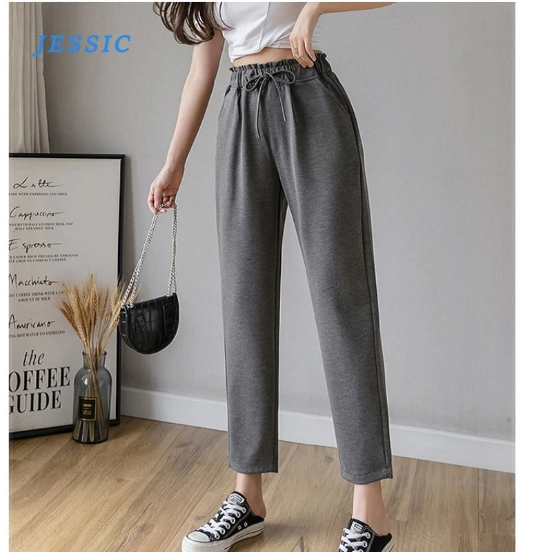 

JESSIC S-2XL Plus Size Women Harem Pants High Waist Elastic Drawstring Solid Peg Leg Fly Pant Workwear Trouser Carrot Pants