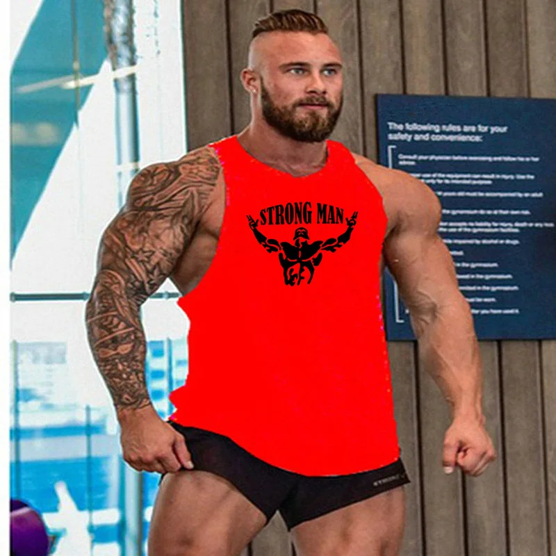 new summer fitness men's running vest gym training sleeveless T-shirt strap high quality cotton printed shirt sports | Спорт и