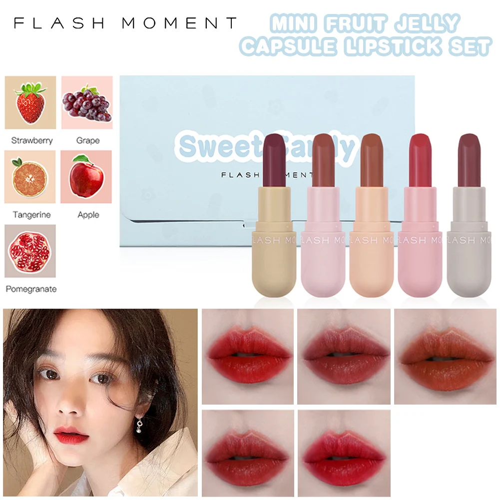 

5 Color Lipstick Makeup Set Non-sticky And Smudge-proof Moisturizing Fruit-scented Hydrating Capsule-shape Cute Lip Makeup Gloss