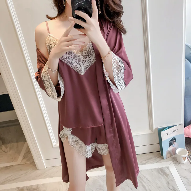 Ladies Sexy Silk Satin Robe Pyjama Set Lace Sleepwear Set Summer Bathrobe Set Bath Robe Set Robe+Top+Pant 3 Pieces For Women
Ladies Sexy Silk Satin Robe Pyjama Set Lace Sleepwear Set Summer Bathrobe Set Bath Robe Set Robe+Top+Pant 3 Pieces For Women