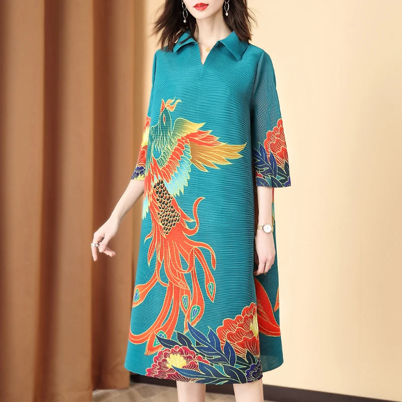 Plus Size Dress Spring Summer Women New Printed Turndown collar Three Quarter Sleeve Loose A-Line Miyake Pleated Dress Midi
Plus Size Dress Spring Summer Women New Printed Turndown collar Three Quarter Sleeve Loose A-Line Miyake Pleated Dress Midi