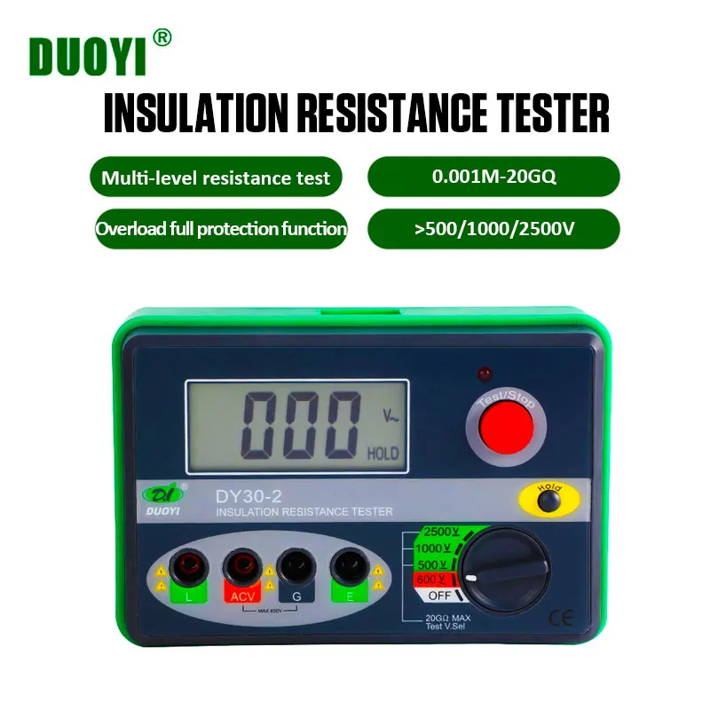 

DUOYI DY30-2 Digital Insulation Tester Tools 20G Ohm LCD Display 500V/1000V/ 2500V Earth Ground Resistance Meter Megohmmeter