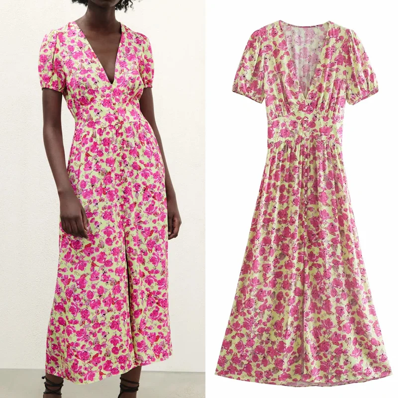 2021 Floral Long Dress Women Pink Midi Summer Dress Woman Vintage Ruched Slit Short Puff Sleeve Elegant Ladies Dresses
2021 Floral Long Dress Women Pink Midi Summer Dress Woman Vintage Ruched Slit Short Puff Sleeve Elegant Ladies Dresses