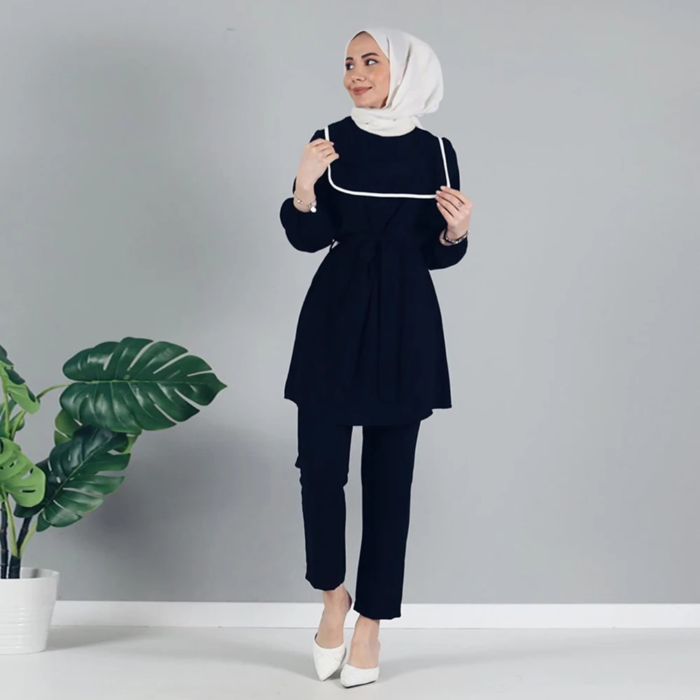 Siskakia Sailor Collar Girlish Arabian Suit Set Muslim Women Two Pieces Set Solid Long Sleeve Belt Tops With Long Pants Turkey
Siskakia Sailor Collar Girlish Arabian Suit Set Muslim Women Two Pieces Set Solid Long Sleeve Belt Tops With Long Pants Turkey