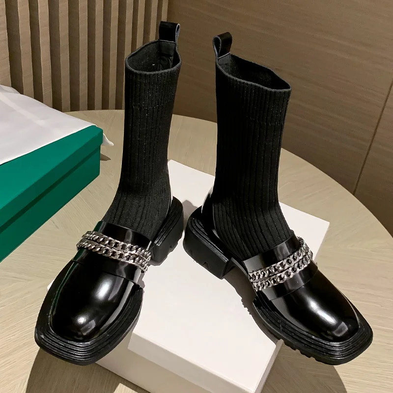 Leather Genuine Square Toe Short Shoes Women Chain Thick Bottom Socks Boot New Knitted Elastic Boots Botas De Mujer
Leather Genuine Square Toe Short Shoes Women Chain Thick Bottom Socks Boot New Knitted Elastic Boots Botas De Mujer