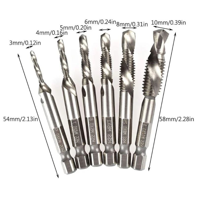 6pcs M3-M10 Screw Tap Drill Bits HSS Taps Countersink Deburr Set Metric Combination Bit 1/4Inch Hex Shank Quick Change
6pcs M3-M10 Screw Tap Drill Bits HSS Taps Countersink Deburr Set Metric Combination Bit 1/4Inch Hex Shank Quick Change