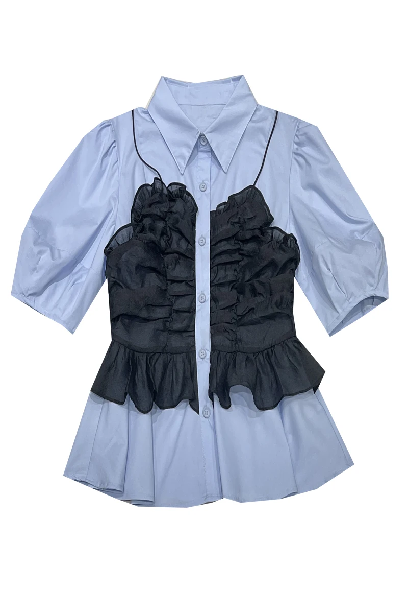 Female High Street French Style Retro Lapel Single-Breasted Fake Two-Piece Shirt Color Contrast Slim Ruffled Puff Sleeve Blosue
Female High Street French Style Retro Lapel Single-Breasted Fake Two-Piece Shirt Color Contrast Slim Ruffled Puff Sleeve Blosue