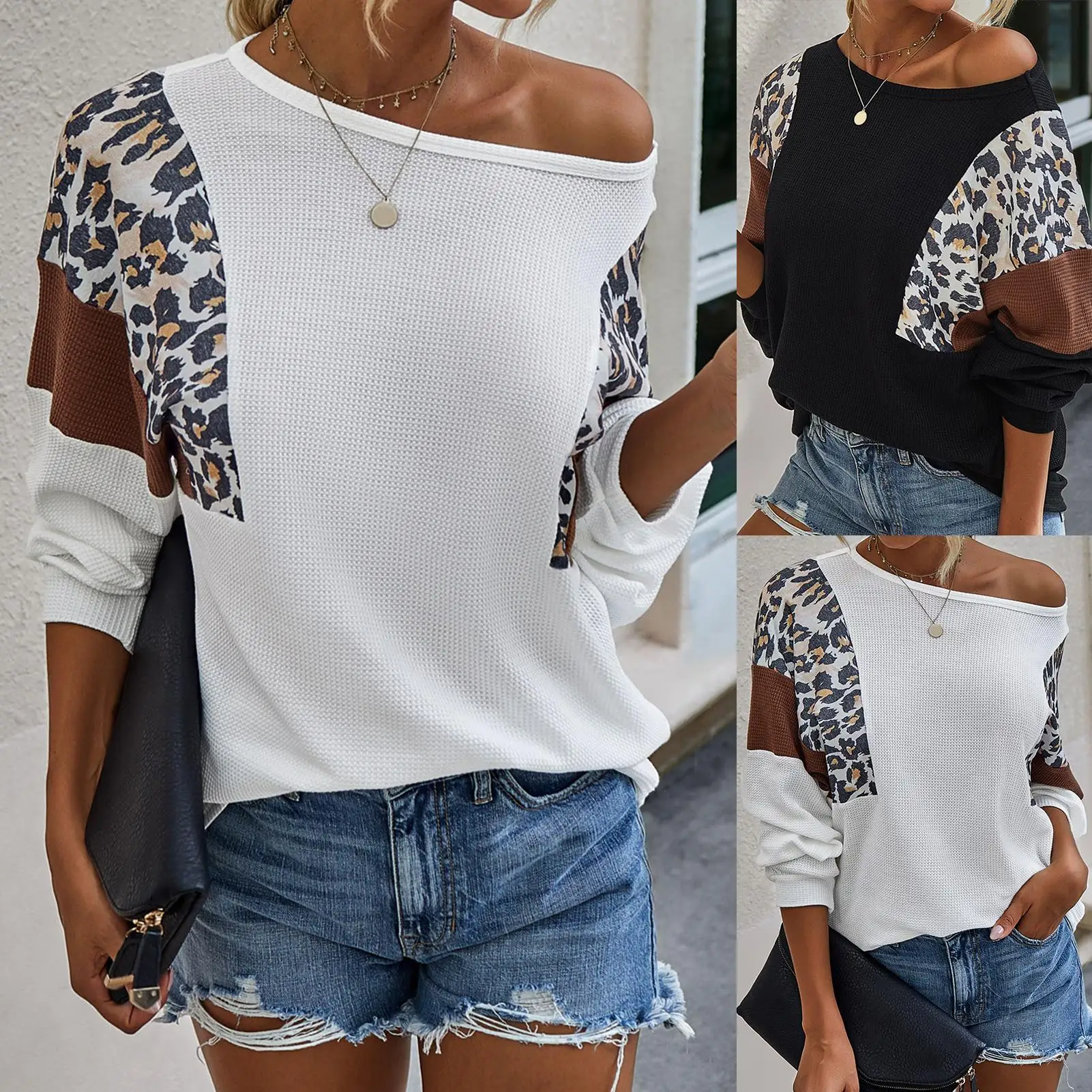 Women Long Sleeve O Neck One Shoulder Blouse Top Leopard Patchwork Pullover Female Blouse Sexy Top Women Clothing
Women Long Sleeve O Neck One Shoulder Blouse Top Leopard Patchwork Pullover Female Blouse Sexy Top Women Clothing