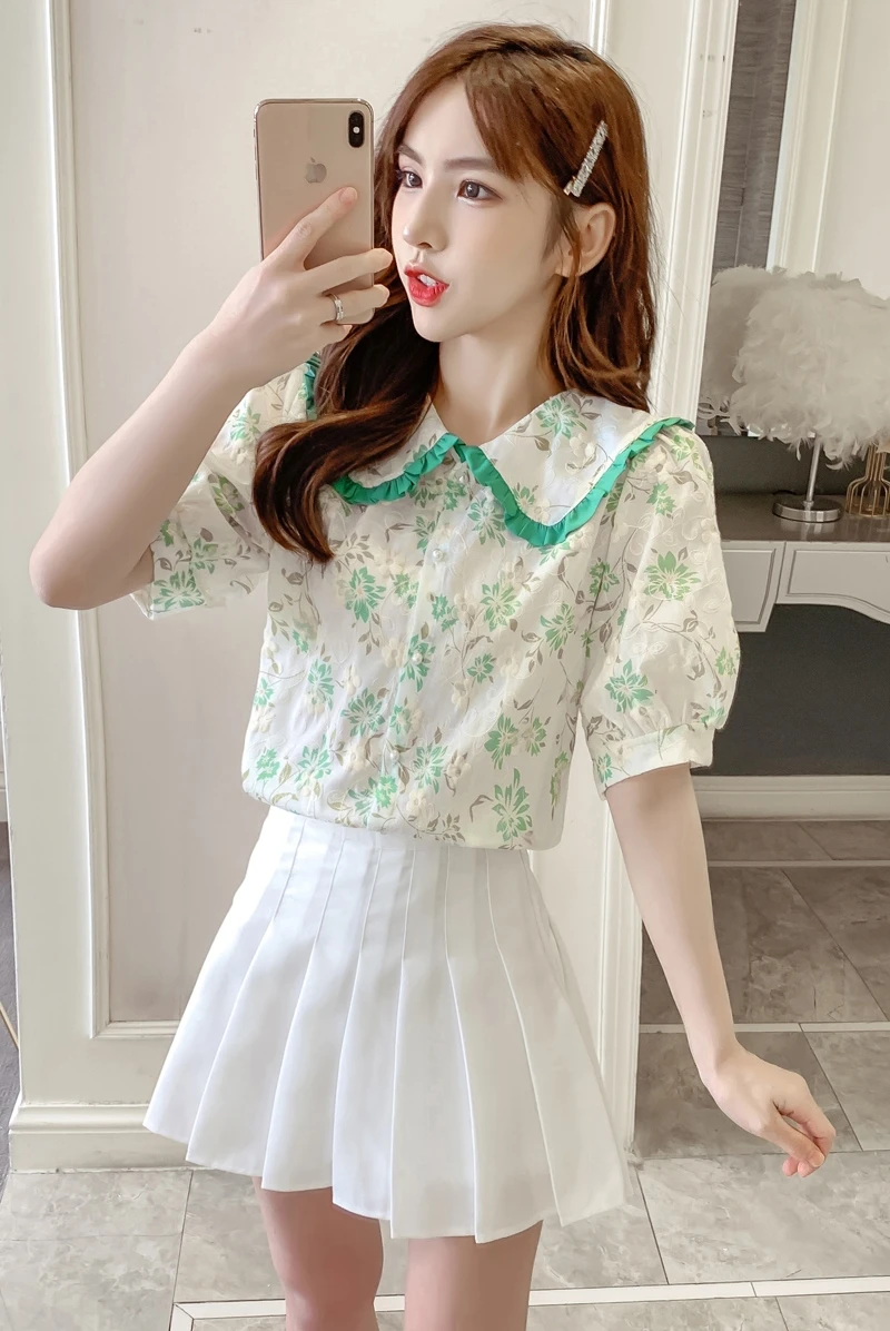 COIGARSAM Short Sleeve Shirt Womens tops Peter pan Collar Women shirts Orange Green 9521 
COIGARSAM Short Sleeve Shirt Womens tops Peter pan Collar Women shirts Orange Green 9521