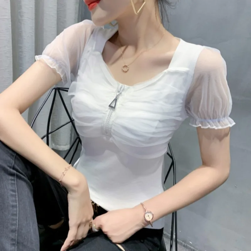 #6044 Summer 2022 Sexy T Shirt Women O Neck With Zipper Slim Spliced Mesh Short Sleeves T Shirt Femme Korean Style Women T Shirt
#6044 Summer 2022 Sexy T Shirt Women O Neck With Zipper Slim Spliced Mesh Short Sleeves T Shirt Femme Korean Style Women T Shirt