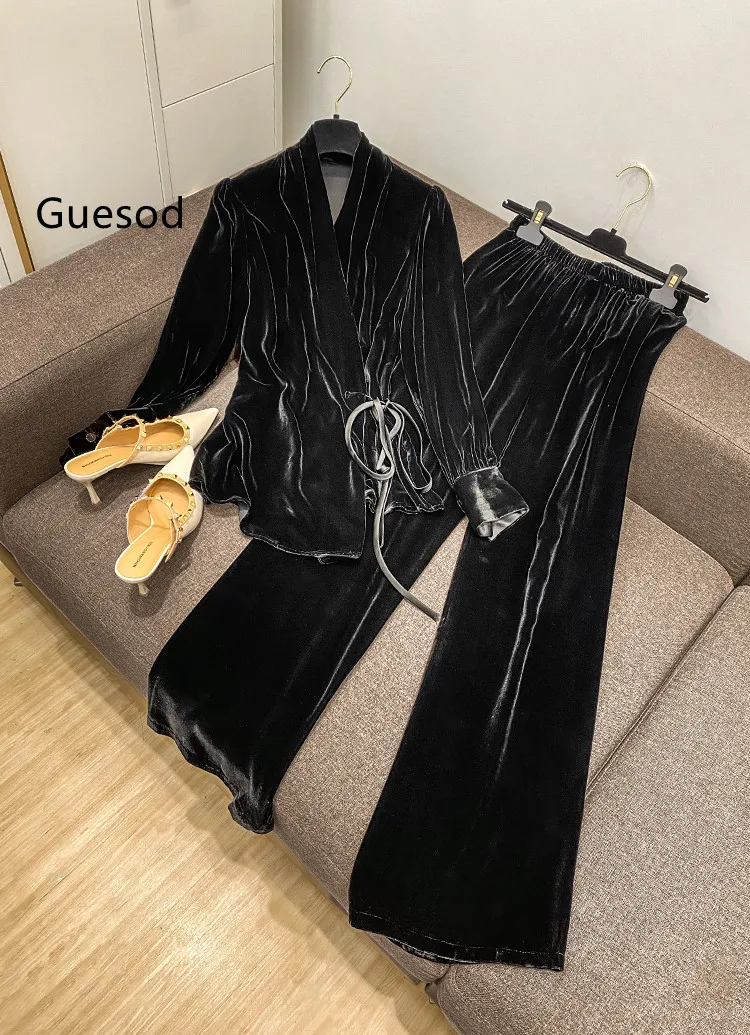 Women Silk Pants Suit Elegant 2021 Autumn Velvet Top+Wide Leg Pants Set Female New
Women Silk Pants Suit Elegant 2021 Autumn Velvet Top+Wide Leg Pants Set Female New