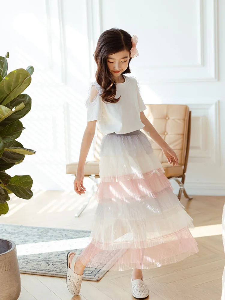 

New Summer Skirt For Girls Korean Style High Waist Pettiskirt Clothes For Teenagers Mesh Cupcake Long Skirt 8 9 10 11 12years