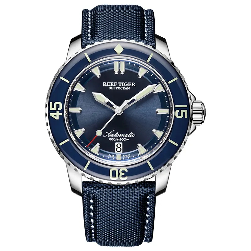 

Reef Tiger/RT Super Luminous Dive Watches Mens Blue Dial Analog Automatic Watches Nylon Strap reloj hombre RGA3035