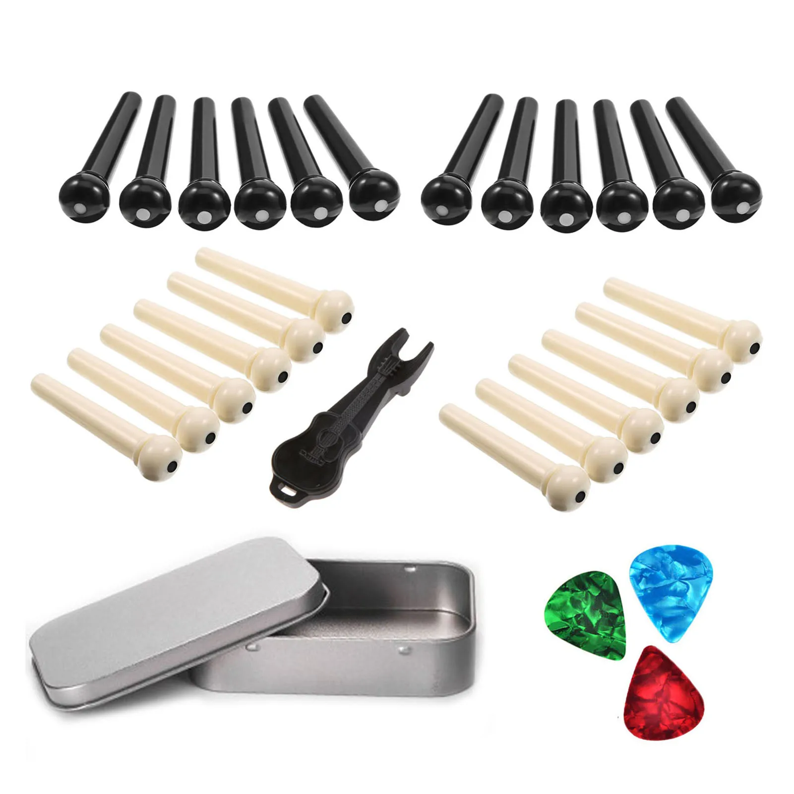 Acoustic Folk Guitar Accessories Kit Including Bridge Pins Celluloid Picks(Random Color) Bridge Pin Puller Metal Storage Box
Acoustic Folk Guitar Accessories Kit Including Bridge Pins Celluloid Picks(Random Color) Bridge Pin Puller Metal Storage Box