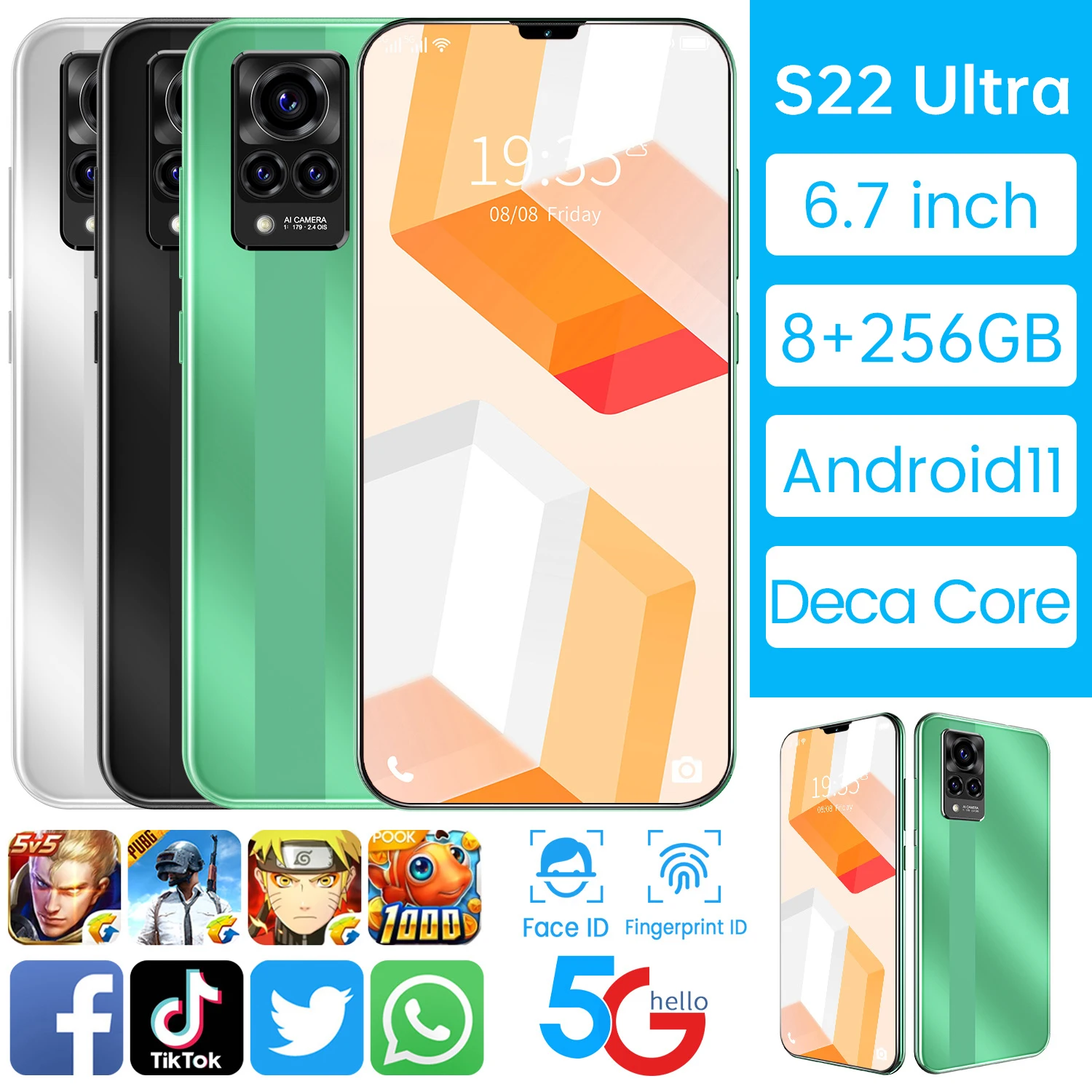 Galay S22 Ultra 2021 Global Version Smartphone 6.7Inch Notch Screen 8+256G 32MP+64MP Face Fingerprint ID Dual SIM +MicroSD 5G
Galay S22 Ultra 2021 Global Version Smartphone 6.7Inch Notch Screen 8+256G 32MP+64MP Face Fingerprint ID Dual SIM +MicroSD 5G