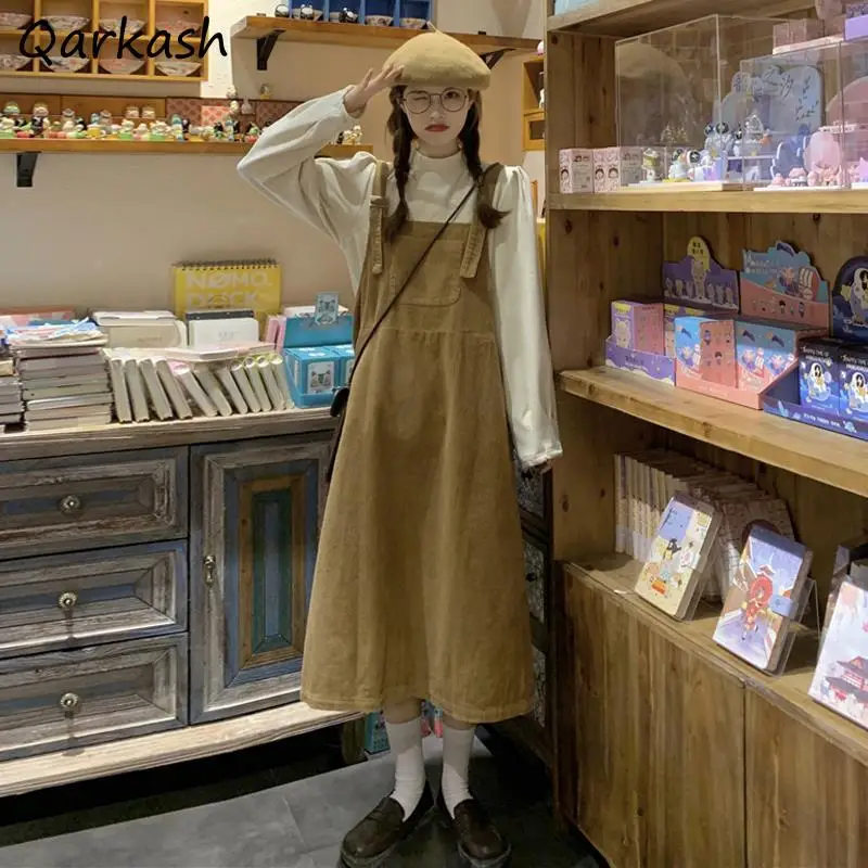 Women Sets A-line Midi Corduroy Dress Long Sleeve T-shirt Preppy Japan Style Solid Soft Spring Design College Sweet Casual Cute 
Women Sets A-line Midi Corduroy Dress Long Sleeve T-shirt Preppy Japan Style Solid Soft Spring Design College Sweet Casual Cute