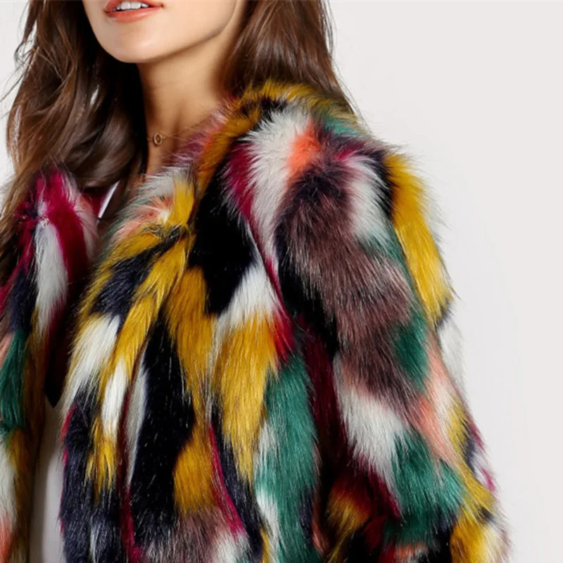 Женское зимнее меховое пальто s элегантное цветное Яркое из искусственного меха