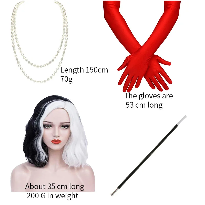 Cruella De Vil Cosplay Props Wig Gloves Necklace Cigarette Stick Accessories Full Sets Women Girls Halloween Carnival Party
Cruella De Vil Cosplay Props Wig Gloves Necklace Cigarette Stick Accessories Full Sets Women Girls Halloween Carnival Party
